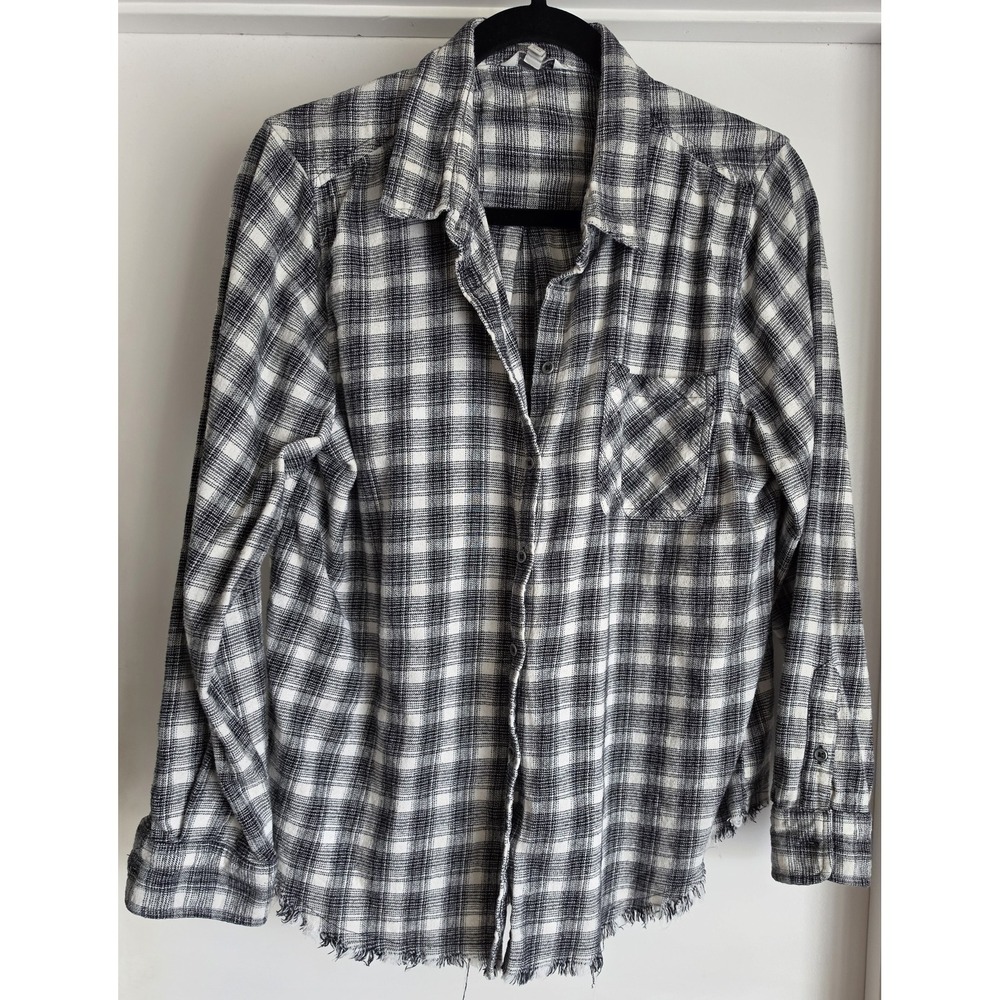 Lucky Brand Women M Plaid Button Down Shirt Black White Long Sleeve Collared